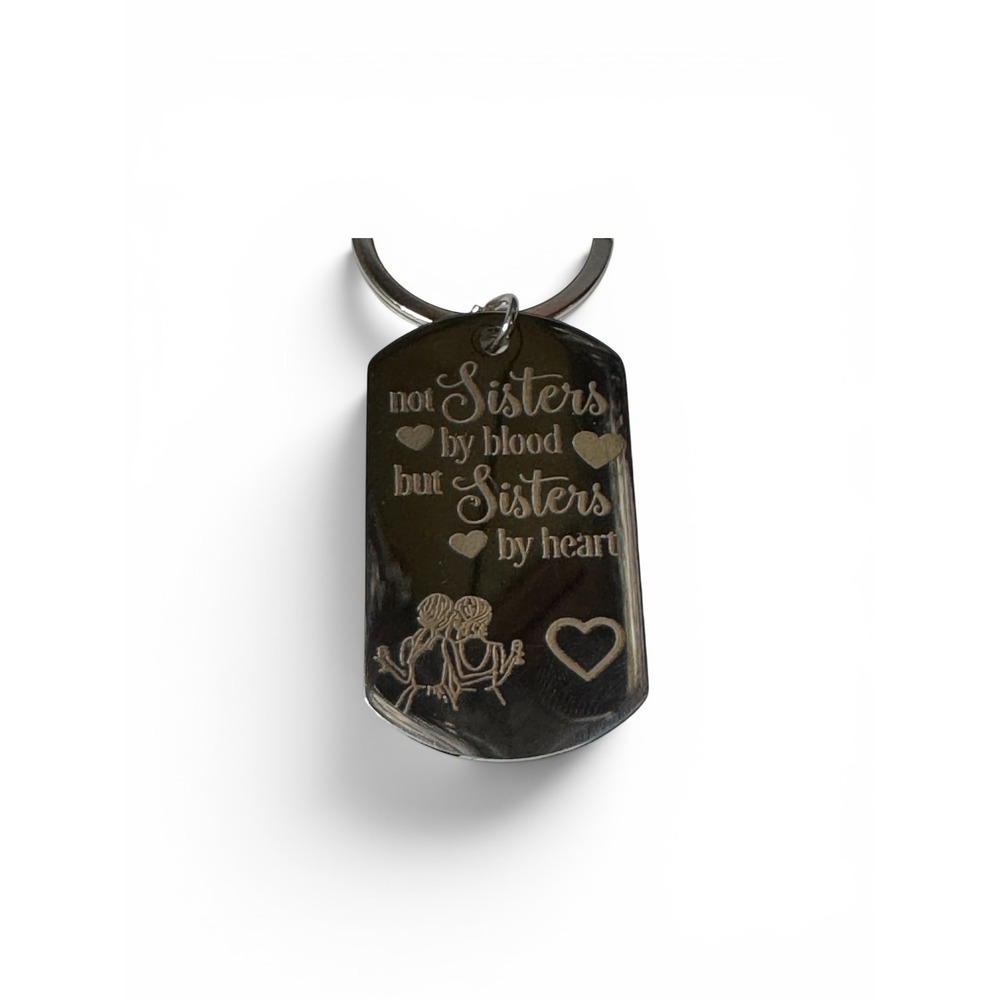Not Sisters By Blood But Sisters By Heart Dog Tag Keychain Silver Tone Gift